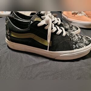 Vans Black and White Paisley Sneakers with Green Stripe